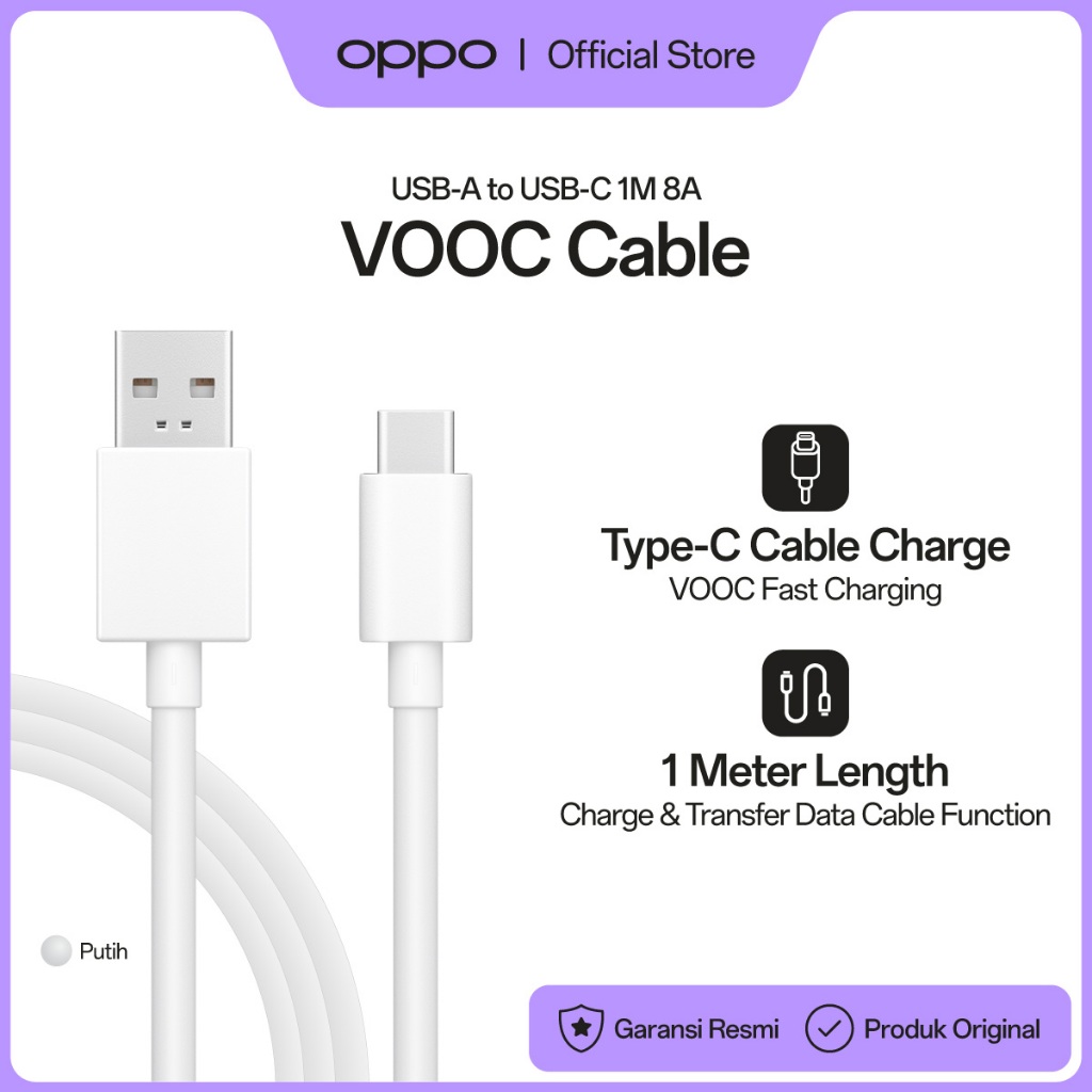 OPPO VOOC Cable USB-A to USB-C 1m 8A DL129 White