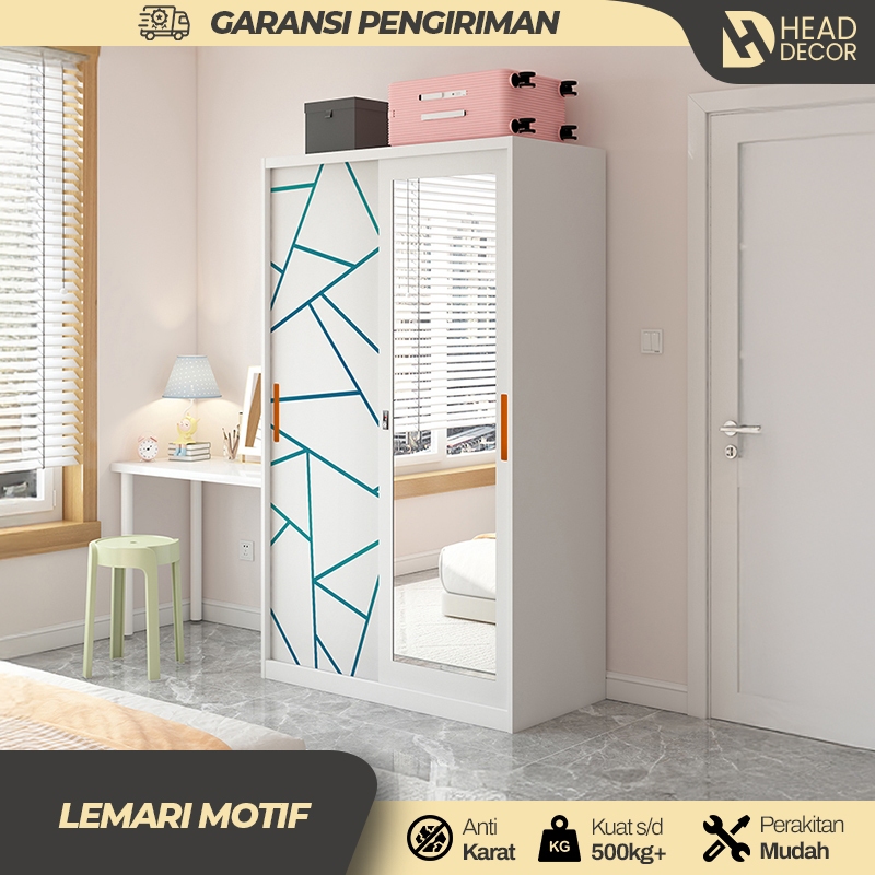 Lemari Besi Pakaian 2 Pintu Sliding Lemari Baju Pintu Kaca Full Motif Aesthetic