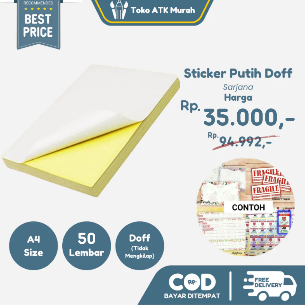 

Stiker / Label A4 Putih Dof 50 Lembar Sticker Print Matte