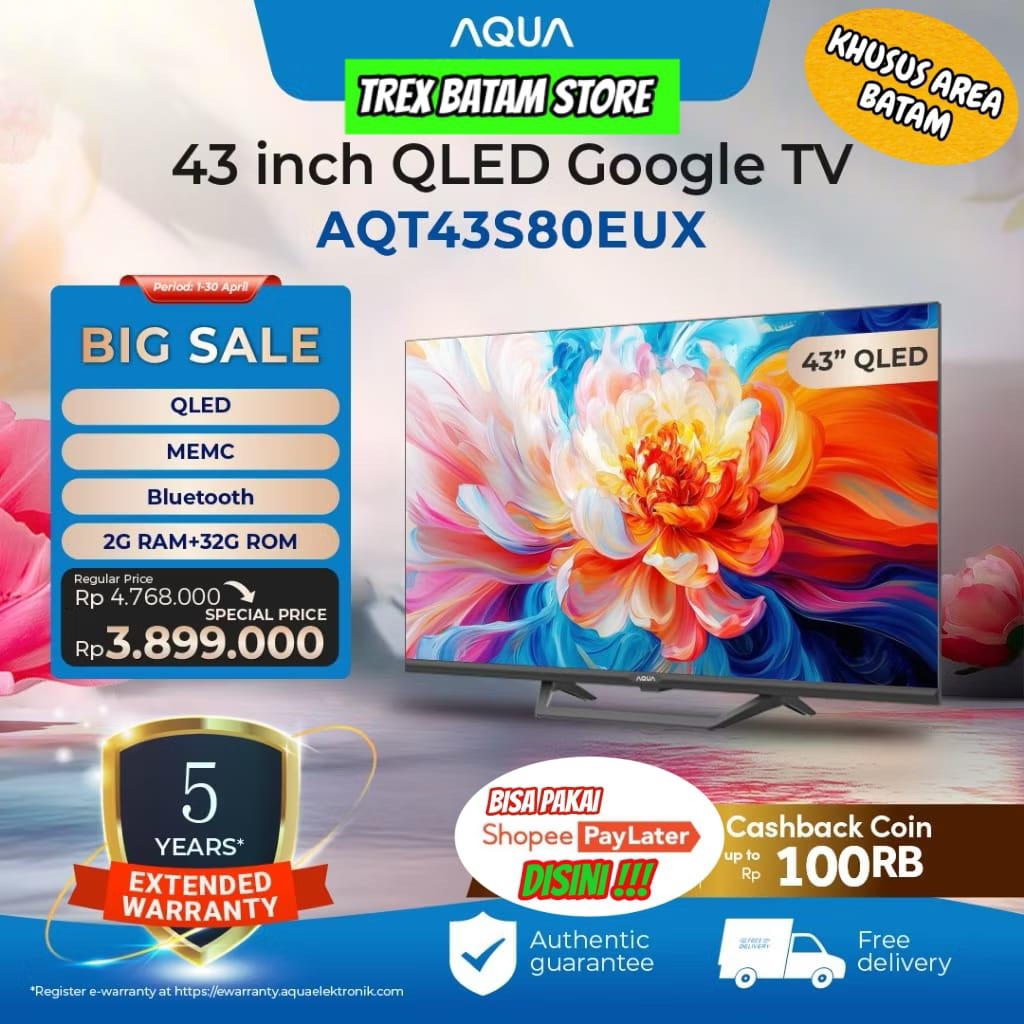 TV AQUA 43" INCH 43S80EUX ANDROID GOOGLE TV 4K QLED TERBARU NEW GARANSI - BATAM