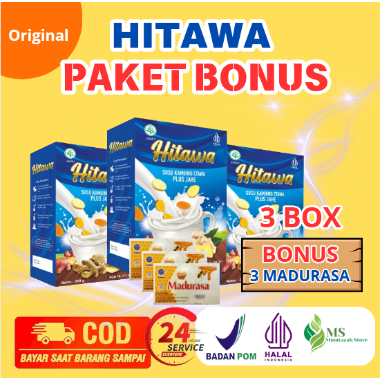 

[ PAKET 3 BOX HITAWA GRATIS 3 MADURASA ] [ BISA COD + GARANSI ] HITAWA Susu Kambing Etawa Plus Herbal Jahe Kunyit Temulawak Untuk Nyeri Sendi Lutut Pinggang Rematik Asam Urat