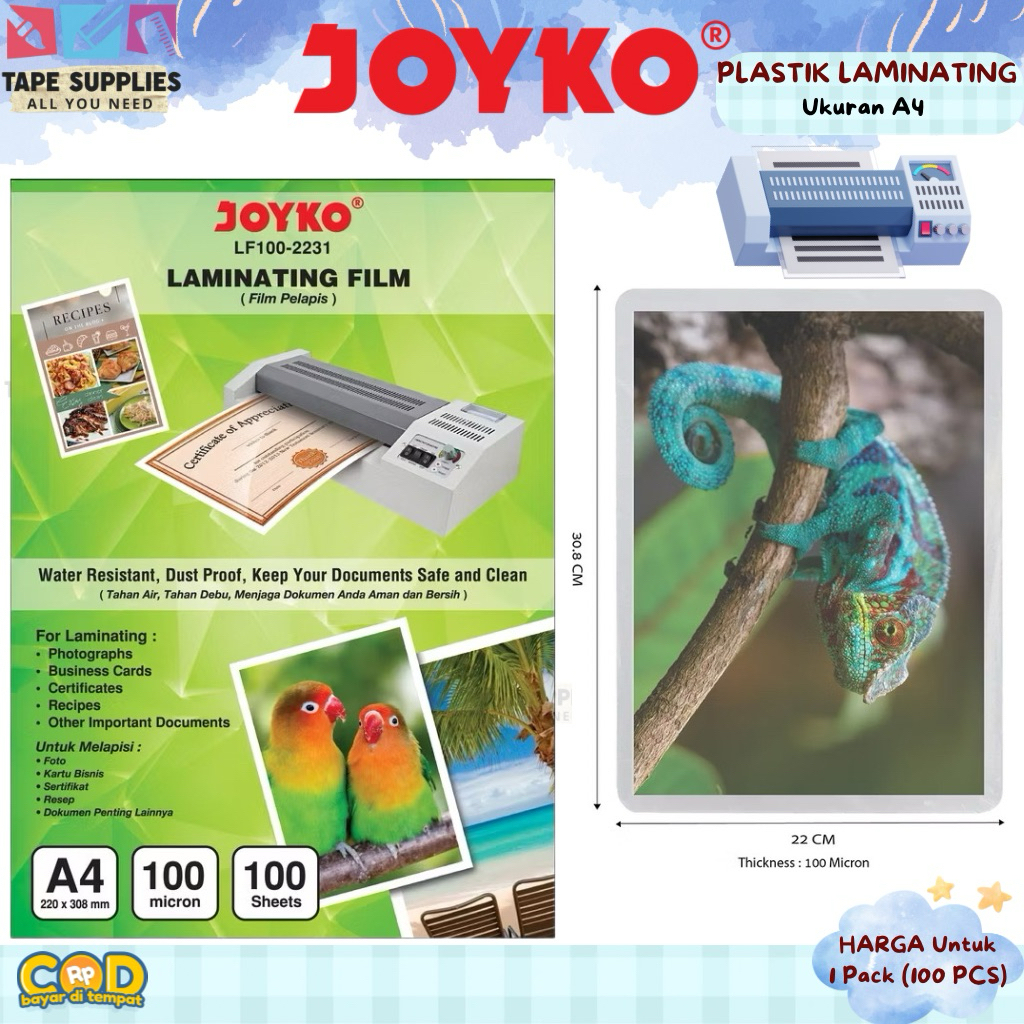 

(1 PACK ISI 100 LEMBAR) Plastik Laminating JOYKO A4 100 Micron Film Laminating Dokumen Foto Sertifikat
