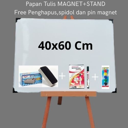

Papan Tulis/White Board Magnet 40x60 cm dan Stand 90cm free spidol+ penghapus dan pin