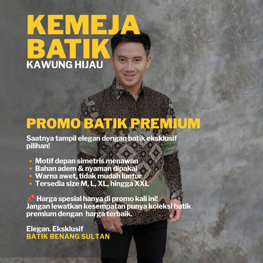 KEMEJA BATIK PRIA LENGAN PANJANG, MOTIF KAWUNG HIJAU, KAIN HALUS, HARGA PROMO & TERMURAH