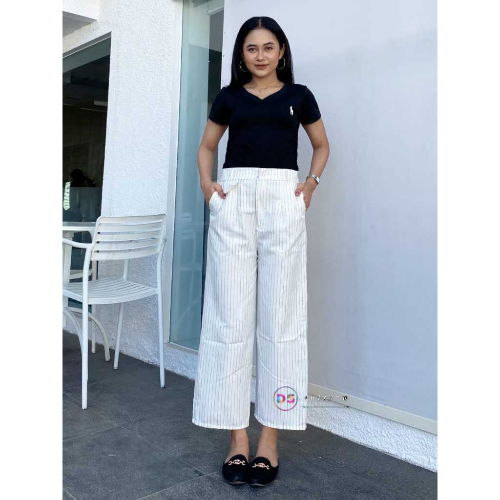 Celana Wanita Salur Anti Kusut Kekinian-Celana Panjang Korean Style-Oro Loose Pants WARNA PUTIH