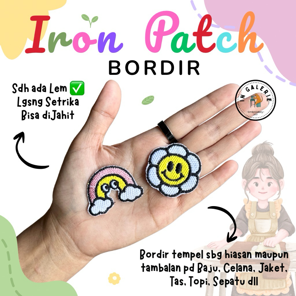( SDH ADA LEM TINGGAL SETRIKA ) Bordir tempel bisa di jahit motif rainbow bunga smile Iron Patch bor