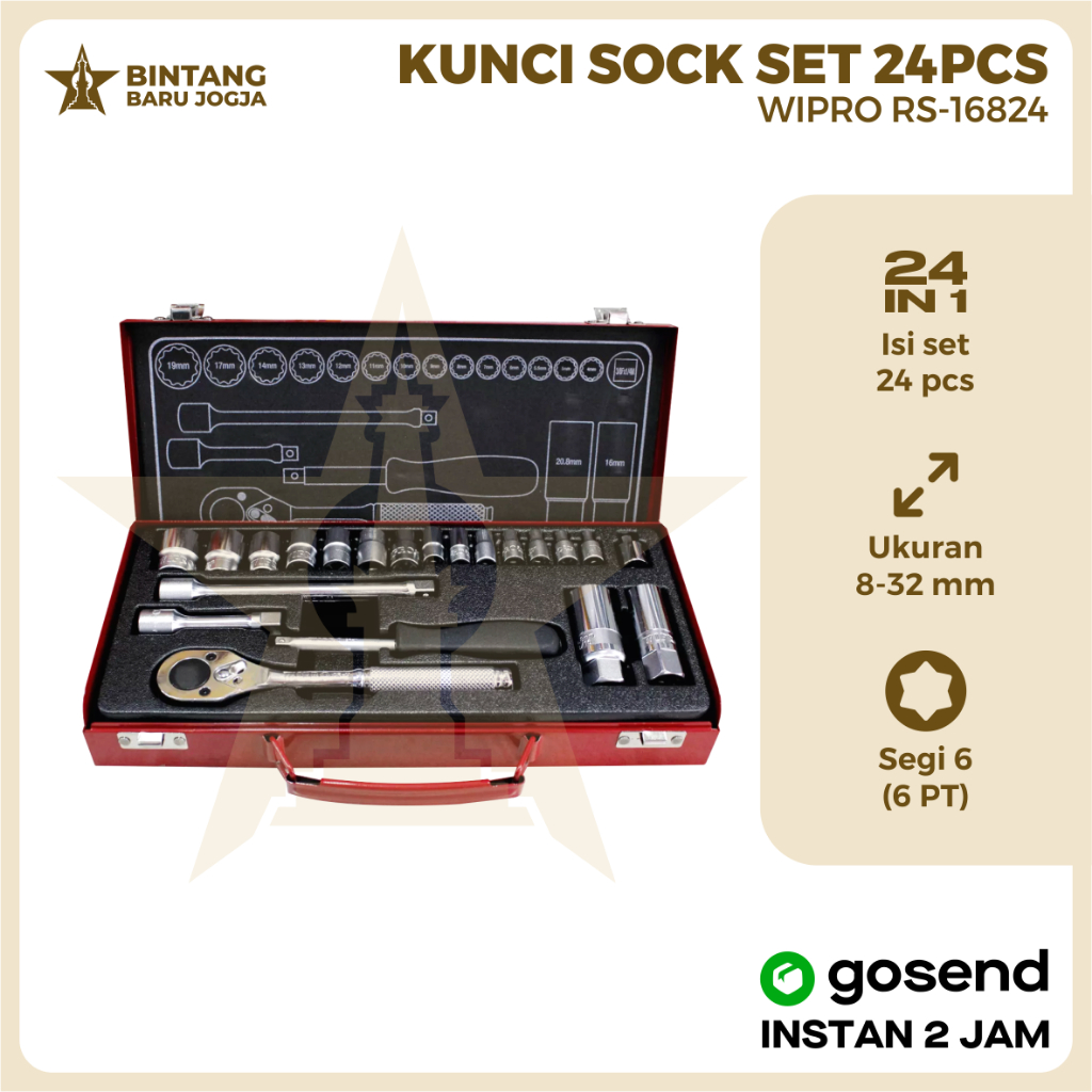 WIPRO RS 24 SM (Kunci SOCK Shock SET 1/2inch 8-32mm METRIC 24pcs 6pt)