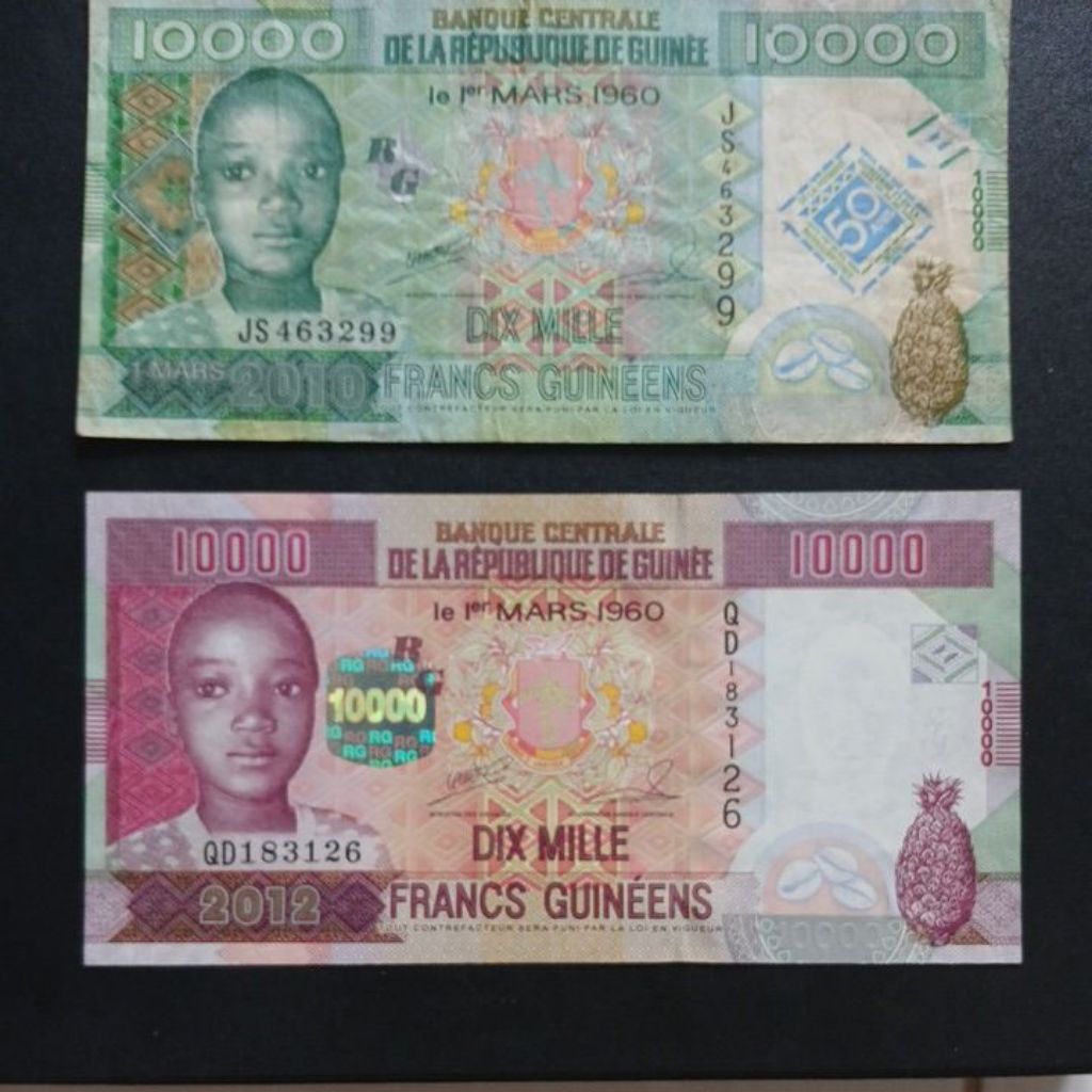 UK 10000 Francs Guinee 2 lembar merah/2012/UNC ; hijau/2010/VF