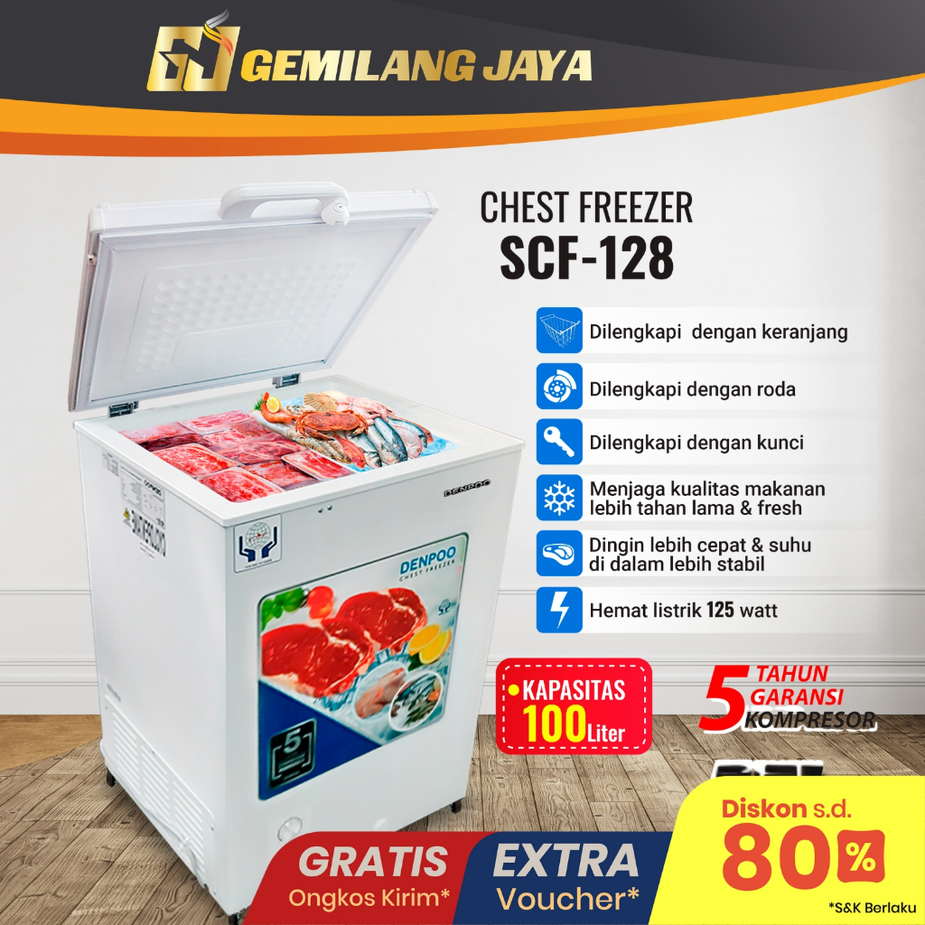 Freezer Box Chest Freezer Denpoo SCF 128 CG (100 Liter)