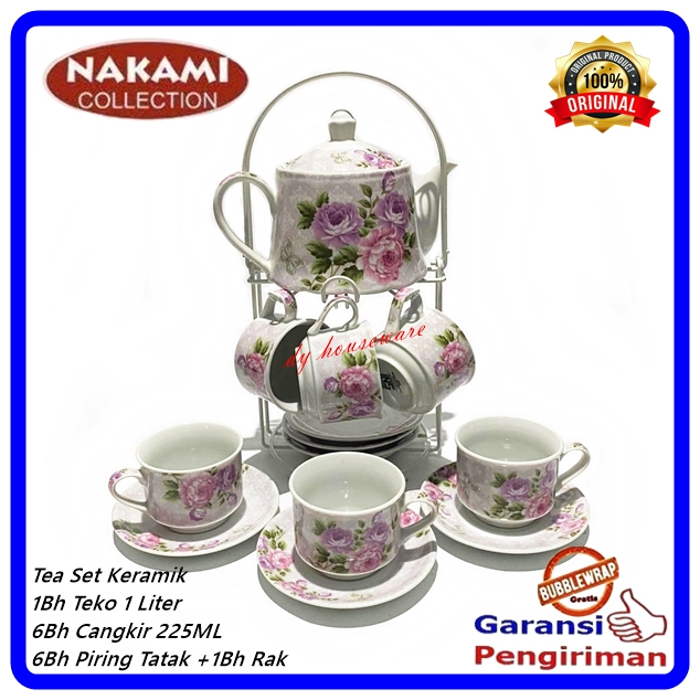 Tea Set Keramik 15Pcs Teko Set Keramik Gelas Set Piring Tatak Keramik + Rak Nakami TS-155
