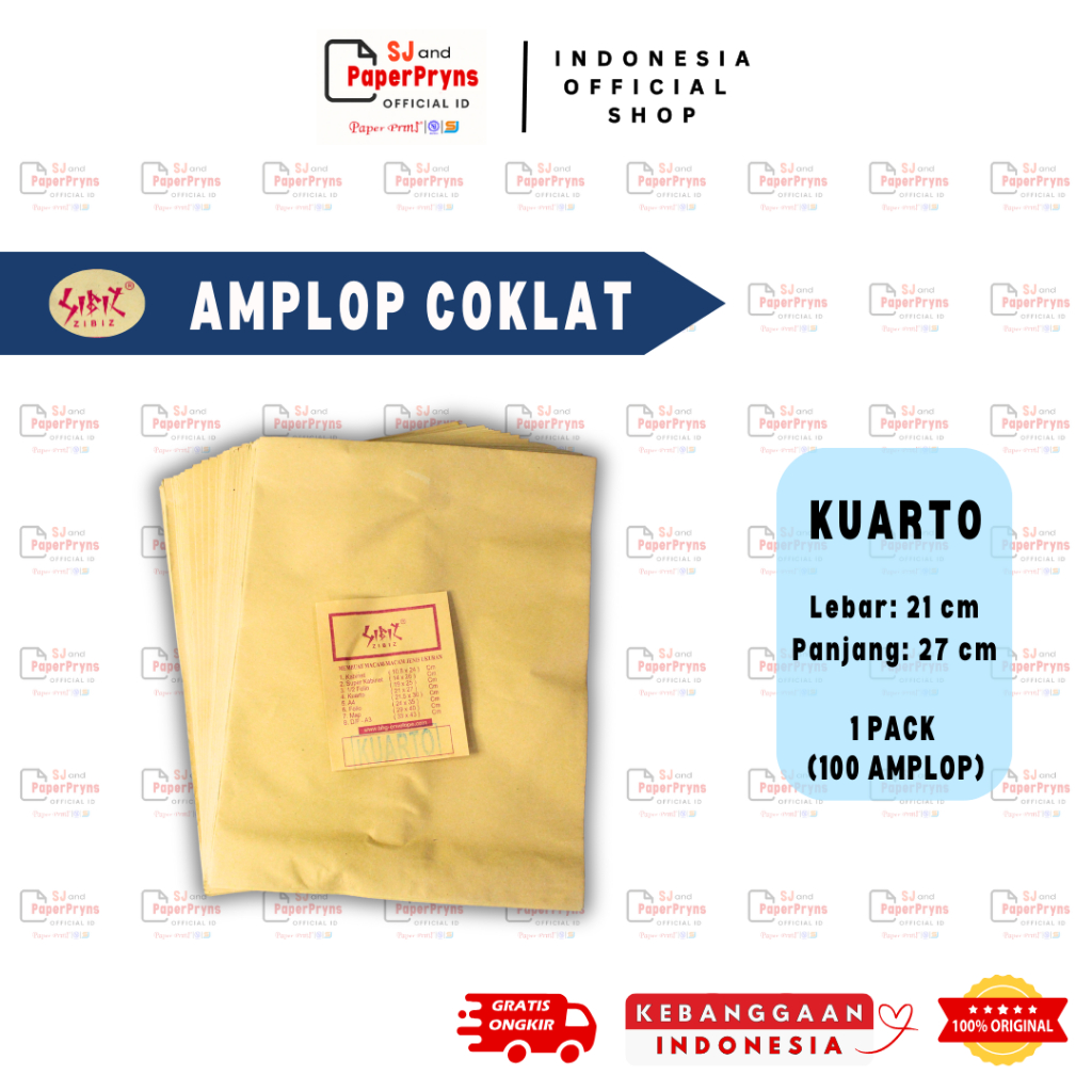 

Amplop Coklat Kuarto Zibiz (21x27 cm) – 1 Pack 100 Lembar
