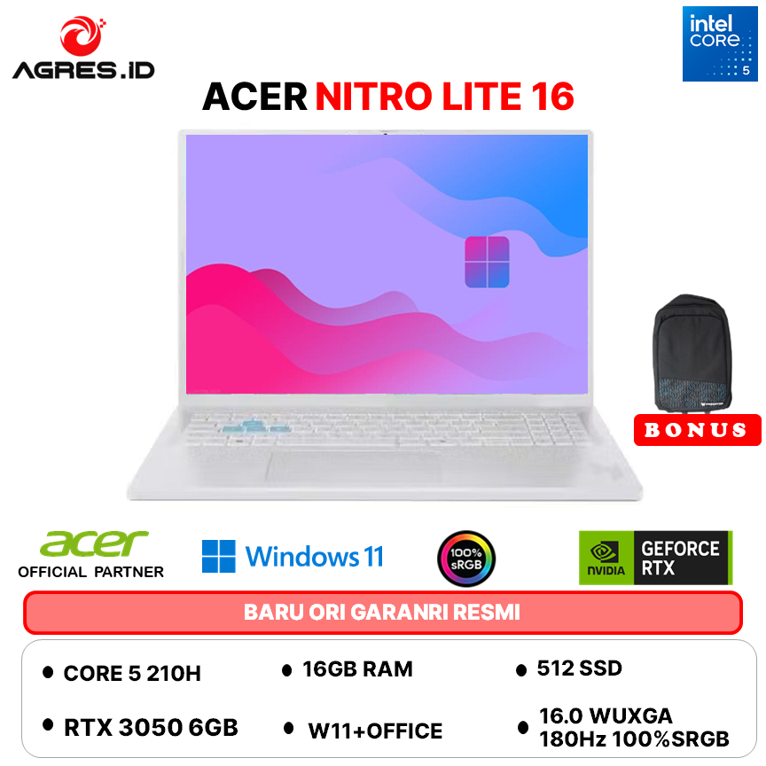ACER NITRO LITE 16 INTEL CORE 5 210H RTX3050 6GB - RAM 16GB 512GB W11+OHS 16.0WUXGA 180HZ 100SRGB
