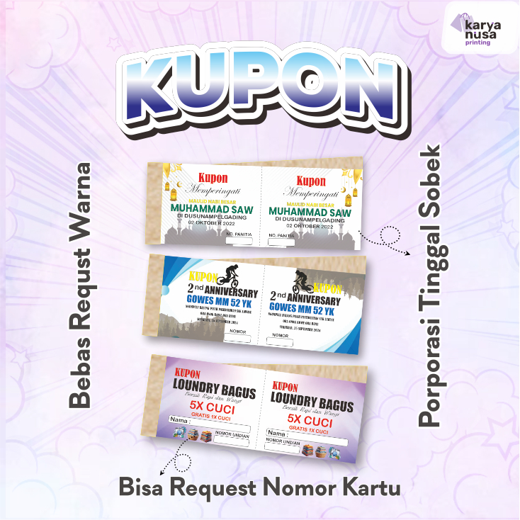 

Kupon Murah 5x16 cm - Kertas Premium Kuat Tidak Mudah Robek dengan Cover Karton Tebal dan Finishing Kissing Mengkilap - Khusus Untuk Kupon Jalan Sehat Agustusan Doorprize dan Event Lainnya - Free Design Template - Tanpa Minimal Order Bebas Pesan 1