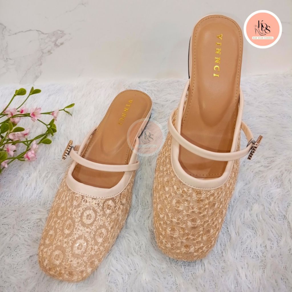 KDS | Vinnci - MinMin Brokat, Flat Shoes Wanita Dewasa, Sepatu Formal Wanita, Selop Pesta