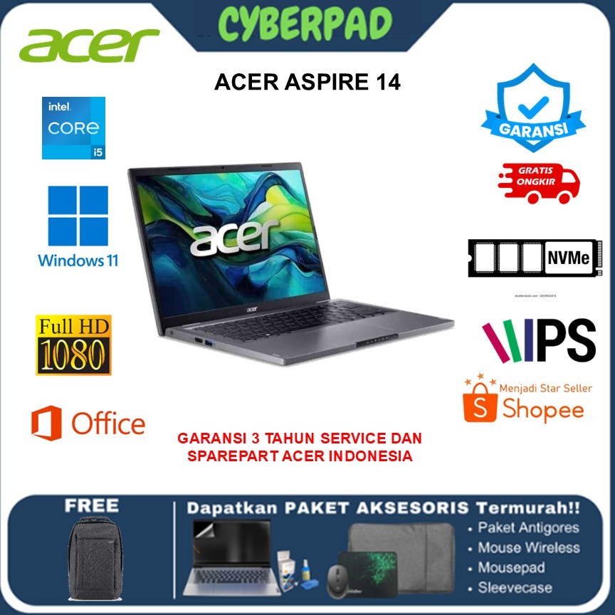 Laptop ACER ASPIRE 14 CORE I5 120U 16GB 512GB W11+OHS 14.0WUXGA IPS GRY New Garansi