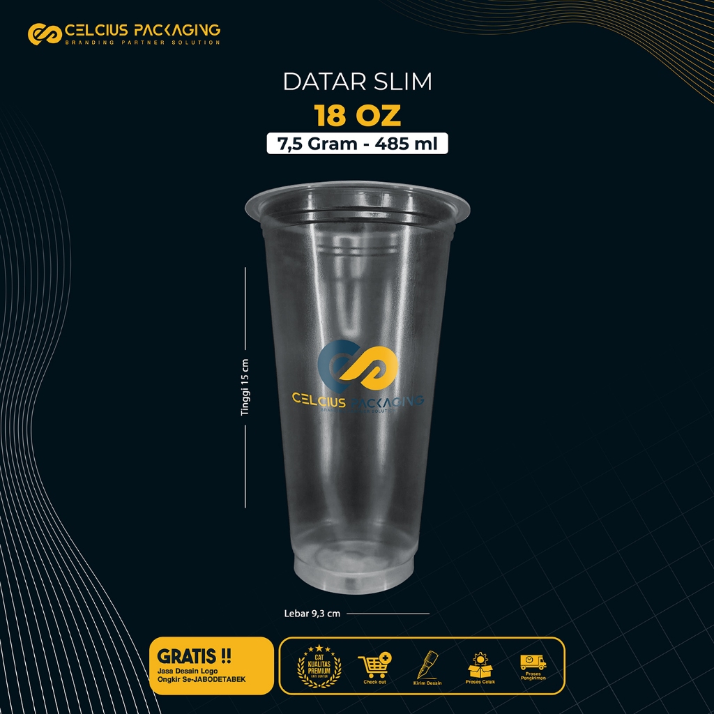 Sablon Cup Gelas Plastik (PP) 18 Oz Slim, Datar & Oval