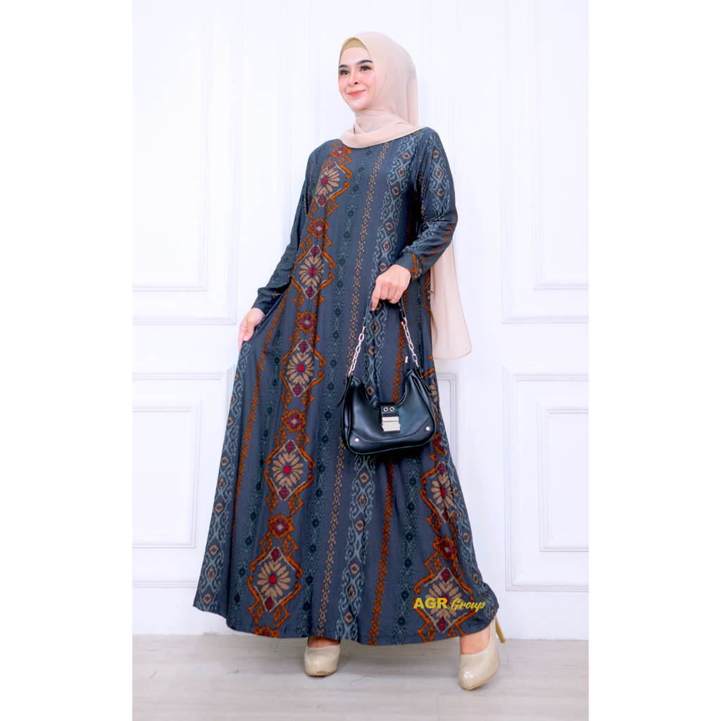 Gamis Wanita Waqiah Bahan Calvin Jeans Motif Batik Size L XXL LD 100 110 Baju Dress Muslim Cantik