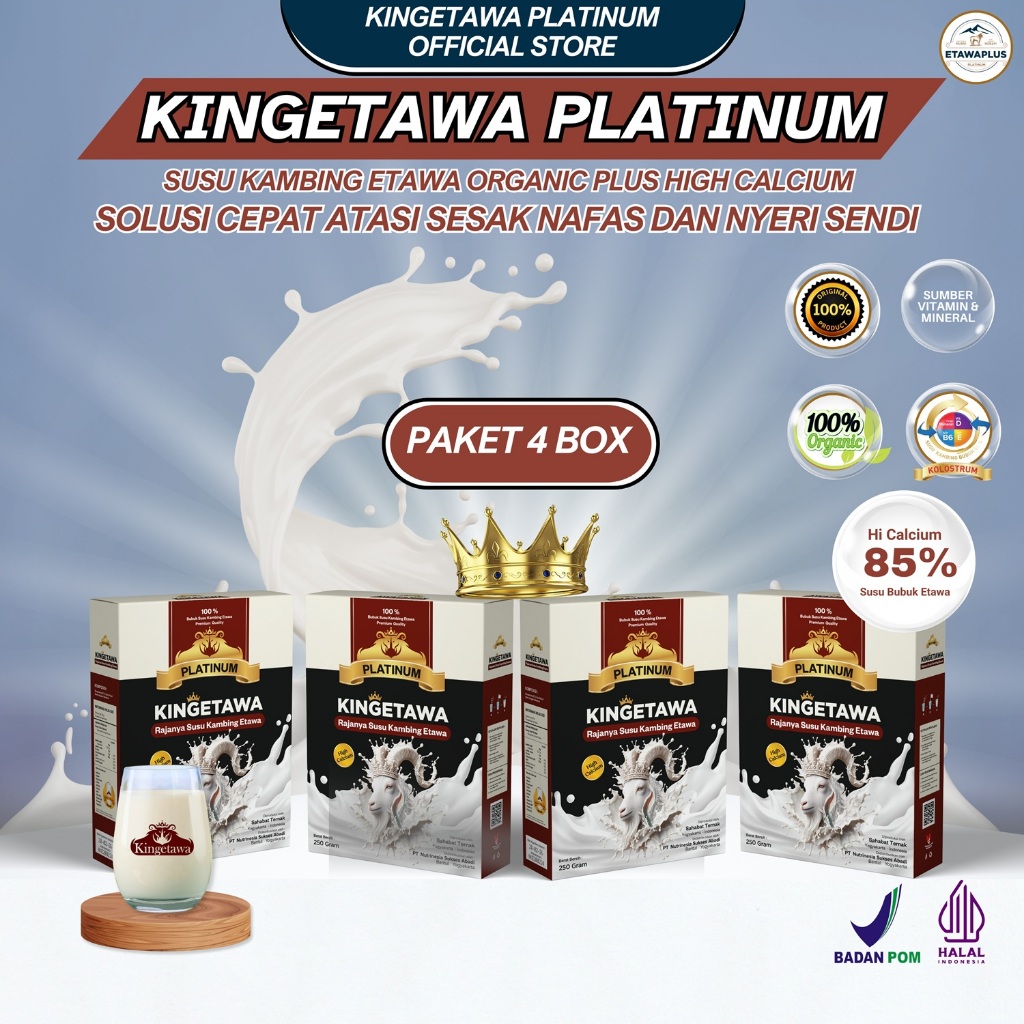 

Kingetawa Platinum Susu Kambing Etawa Premium Grade A Plus Efektif Untuk Keluhan Nyeri Dada, Pernafasan, Ashma, Batuk, Pegal Linu, Osteoporosis dan Rematik Kemasan 250gram Paket 4 Box