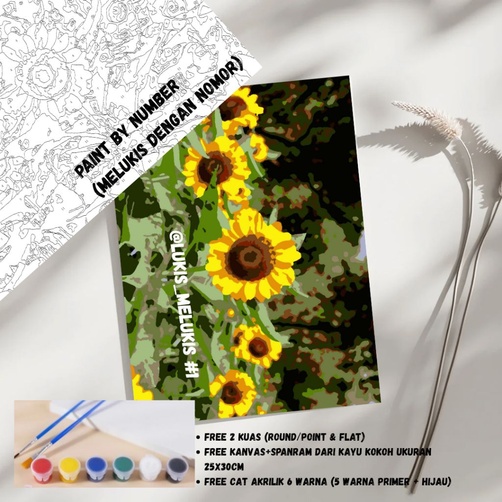 

Media Lukis Kanvas Paint by Number | Sun Flower | 25x30cm Free 2 kuas, Cat Lukis & spanram kayu