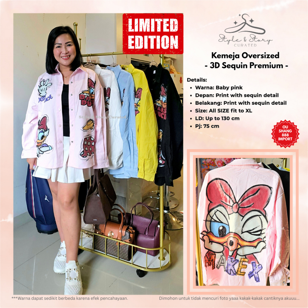 Kemeja Oversized Wanita 3D Sequin Motif Kartun Lucu Korea Style