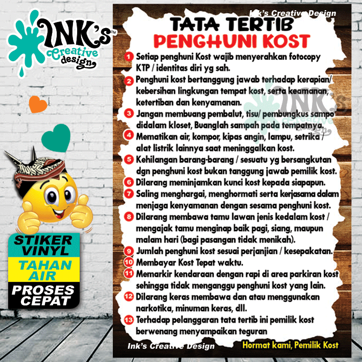 

stiker Tata tertib Penghuni Kost ink wood