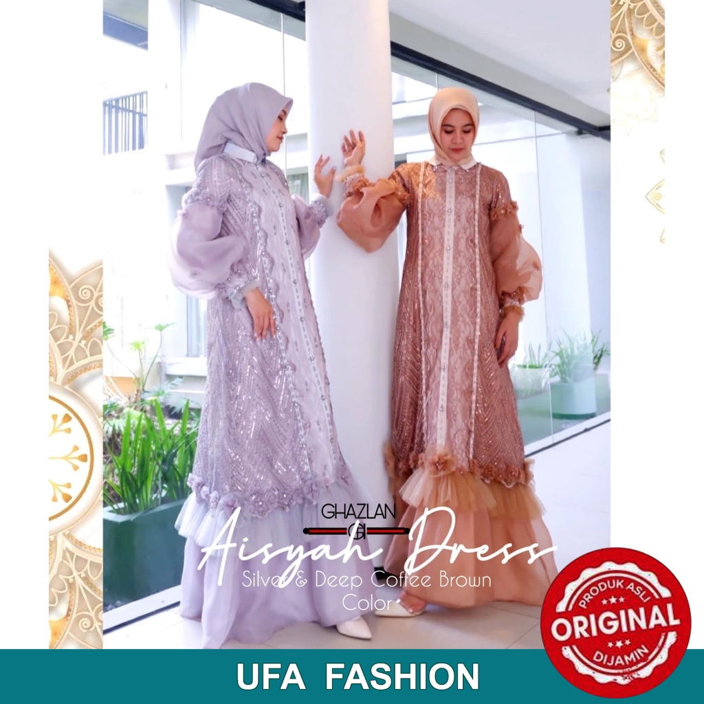 GHAZLAN Aisyah Dress, Baju pesta muslimah mewah elegan, Gamis lebaran mewah kekinian