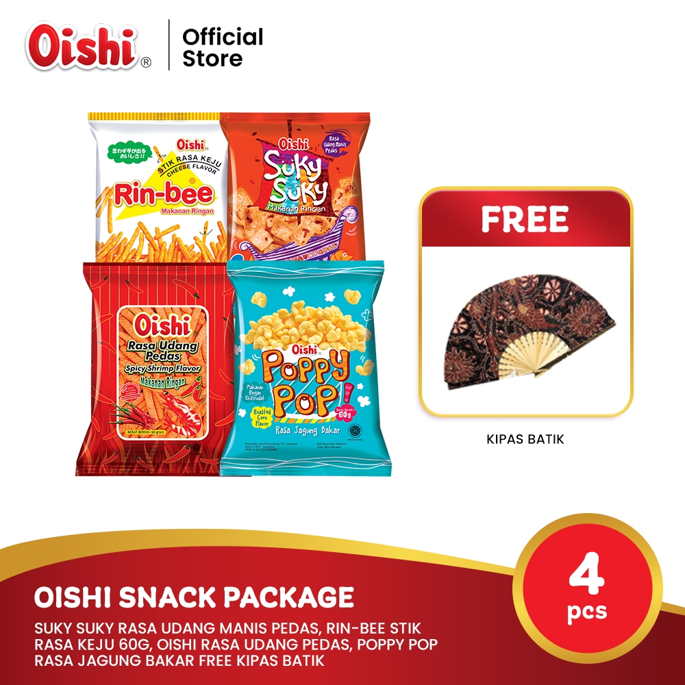 

Oishi Snack Package (4 pcs) + FREE Kipas Batik