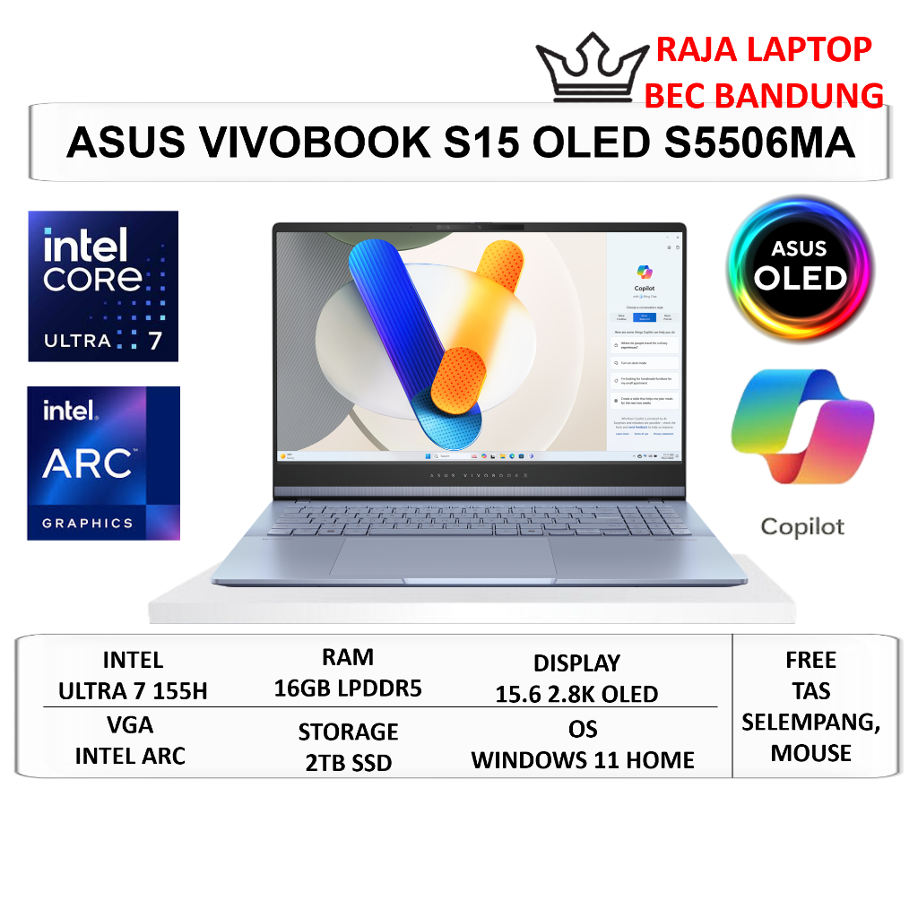 Laptop Asus Vivobook S15 OLED S5506MA Intel Ultra 7 155H Ram 16GB SSD 2TB 15.6" 2.8K OLED Windows 11