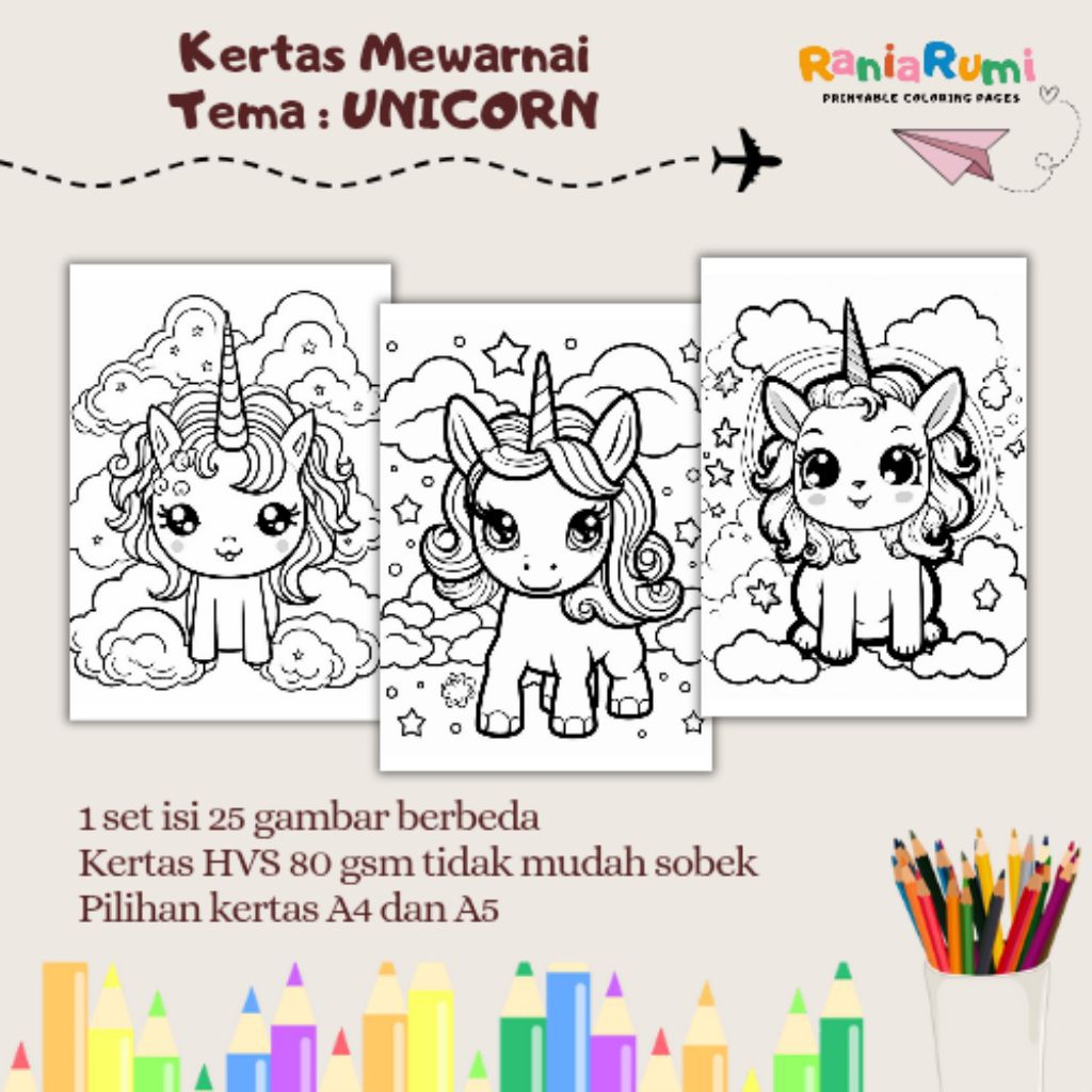 

25 Lembar Mewarnai Anak Tema UNICORN | Kertas Mewarnai Anak