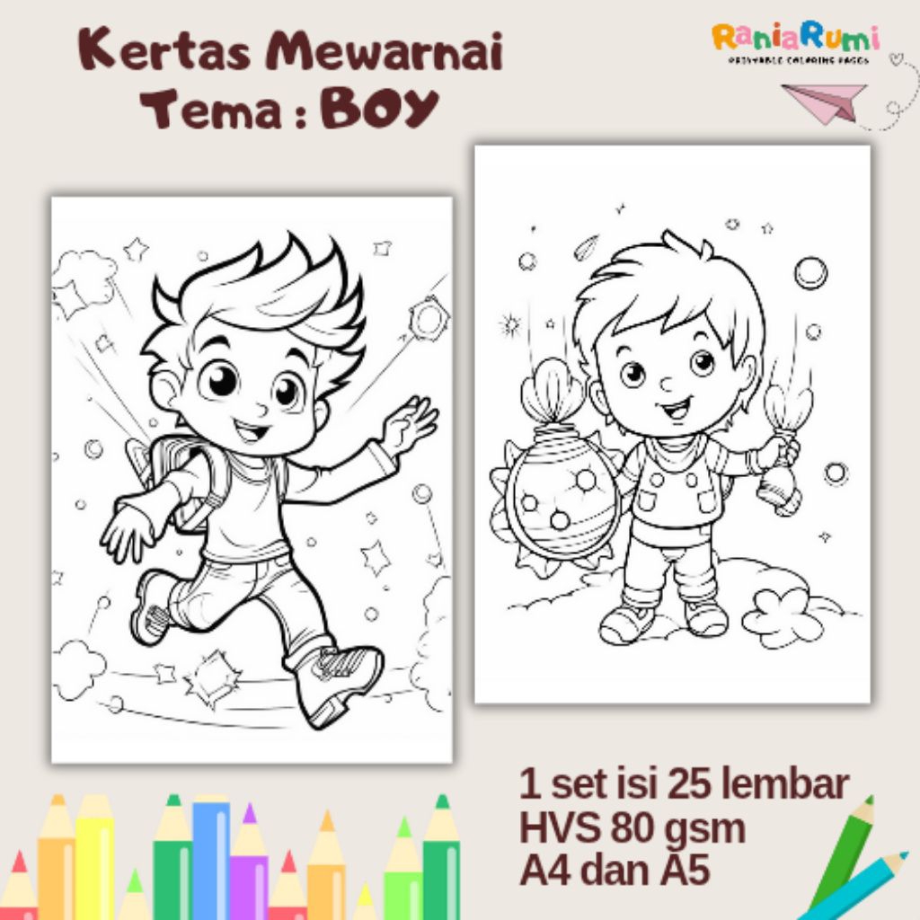 

25 Lembar Mewarnai Anak Tema BOY | Kertas Mewarnai Anak