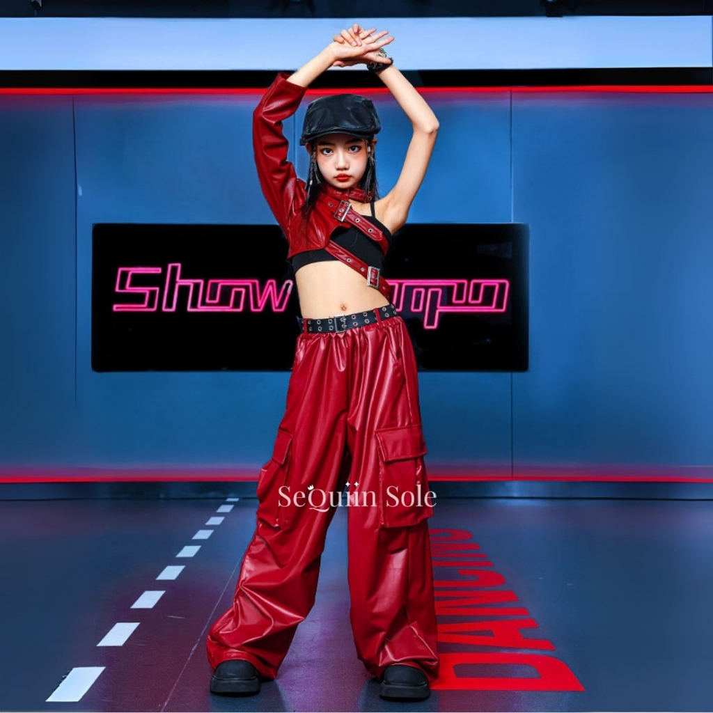 Sequiin Sole Set Red Leather Set Kids Dance Costume/Set Baju Dance Anak Hip Hop