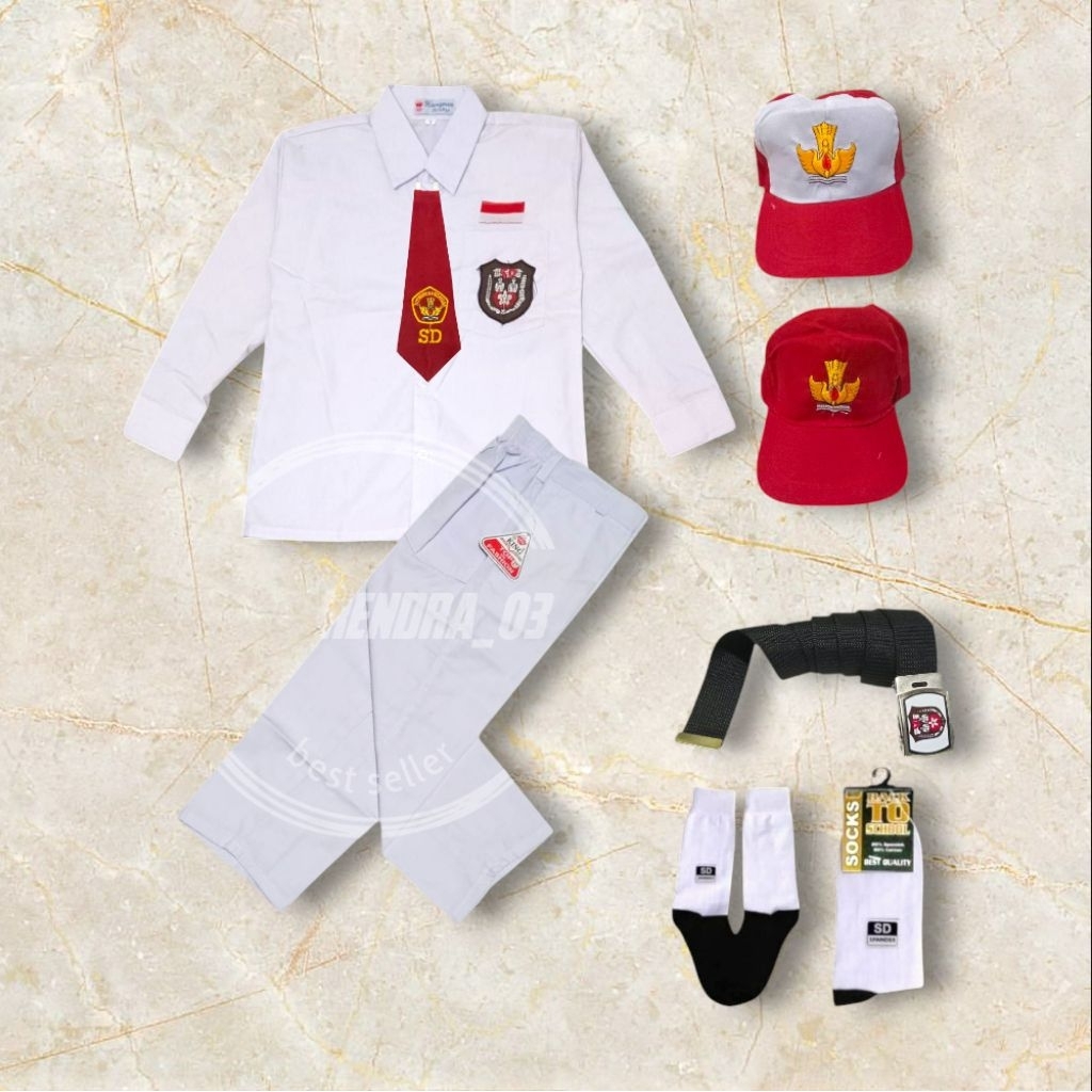 Setelan Lengkap Seragam SD Putih Putih Anak Laki Laki Baju Putih Panjang Celana Panjang