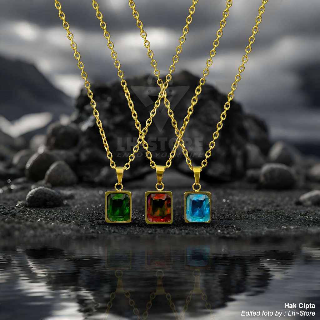 KALUNG STAINLESS STEEL EMAS TAHAN AIR & TAHAN KARAT LIONTIN BATU PERMATA ZAMRUD RUBY SAPPHIRE UNTUK 