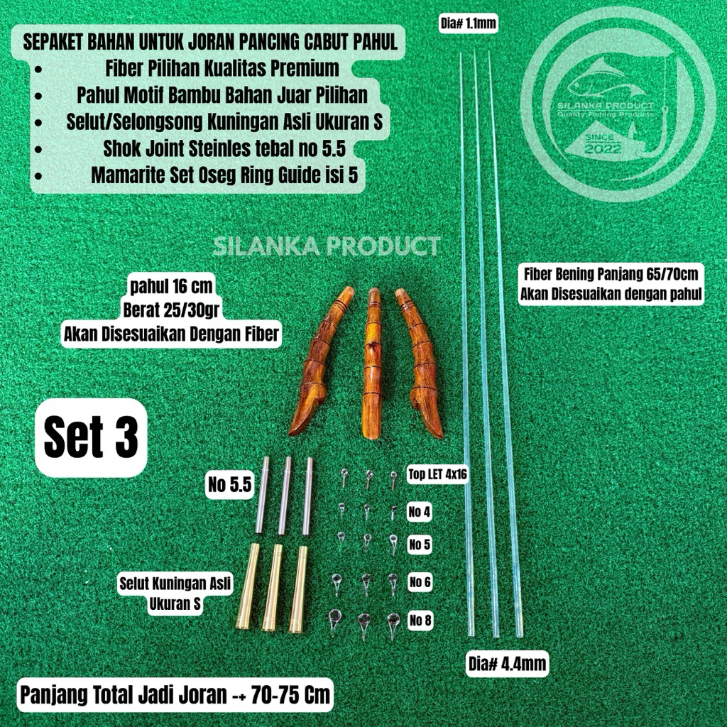 Sepaket Bahan u/Joran Pancing Cabut Pahul Selut kuningan asli, U/Jerpon 70-75cm fiber Bening