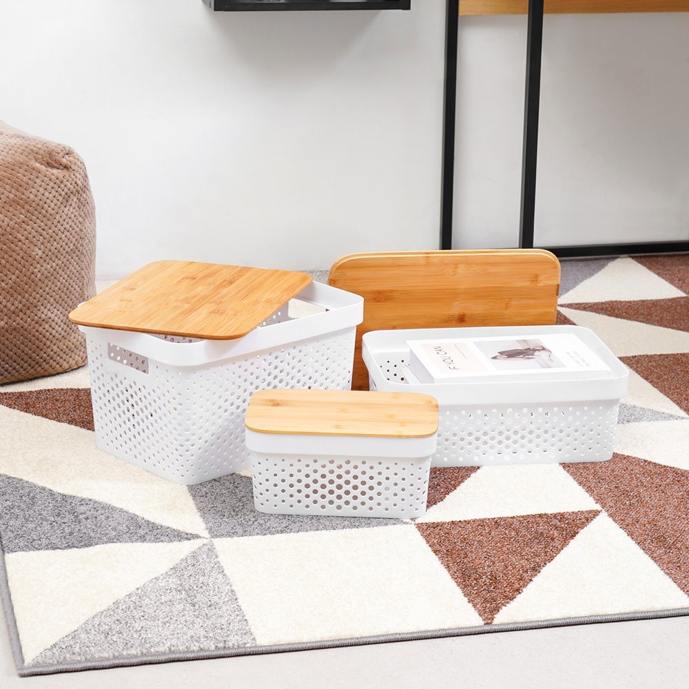 INFORMA - STORAGE BOX NATURAL WAFFLE WHITE / KOTAK PENYIMPANAN TUTUP KAYU