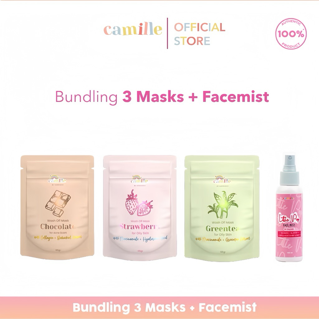 Bundling Masker 65gr (Strawberry, Chocolate, Greentea) + Facemist Camille Beauty
