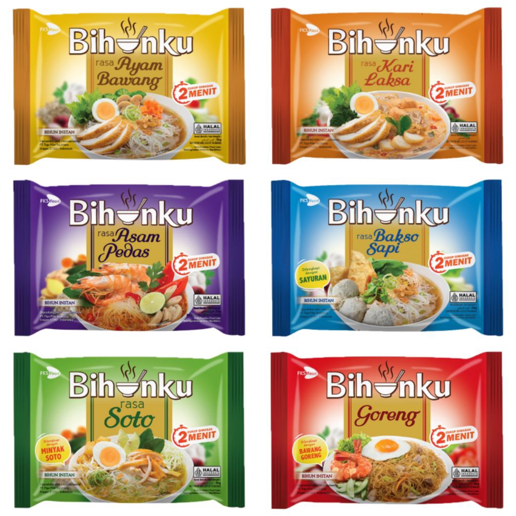 

Bihunku Bihun Instan Rasa Soto / Bihunku Bihun Instan Rasa Asam Pedas / Bihunku Bihun Instan Rasa Bakso Sapi / Bihunku Bihun Instan Rasa Ayam Bawang / Bihunku Bihun Instan Rasa Kari Laksa / Bihunku Bihun Instan Goreng