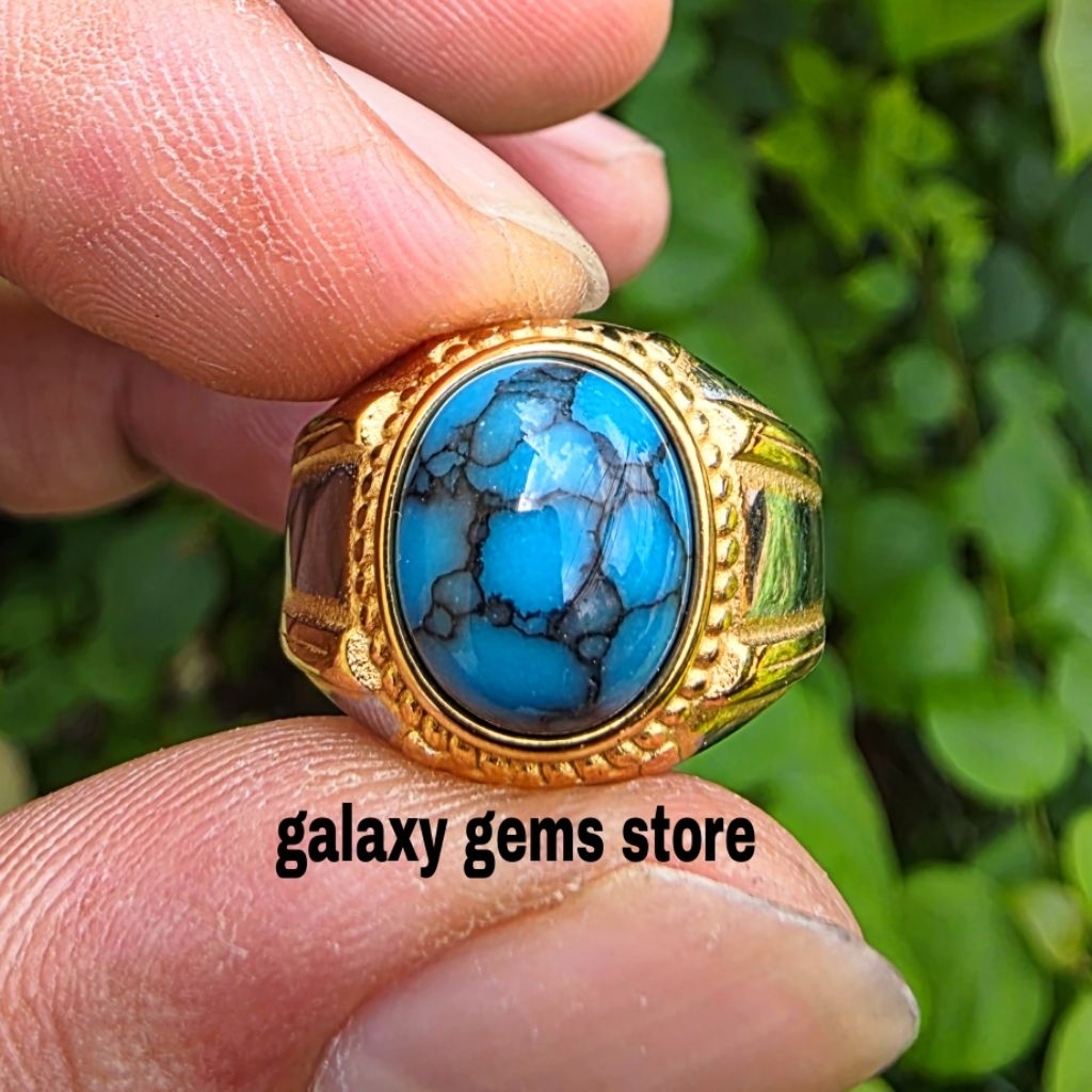 Cincin Batu Pirus Biru Serat Hitam Minimalis