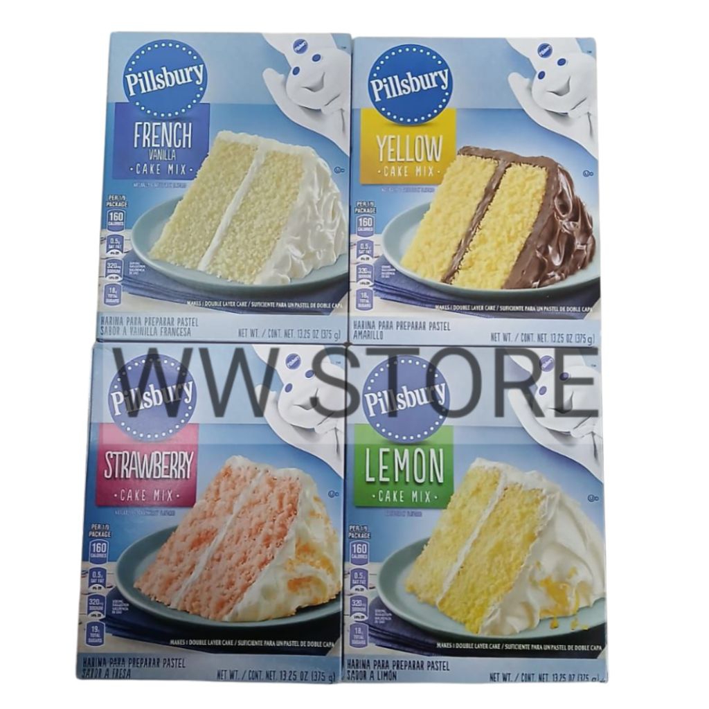 

Premiks untuk kue keik rasa buah jeruk stroberi vanila kuning USA Pillsbury STRAWBERRY YELLOW LEMON FRENCH VANILLA CAKE MIX 375g