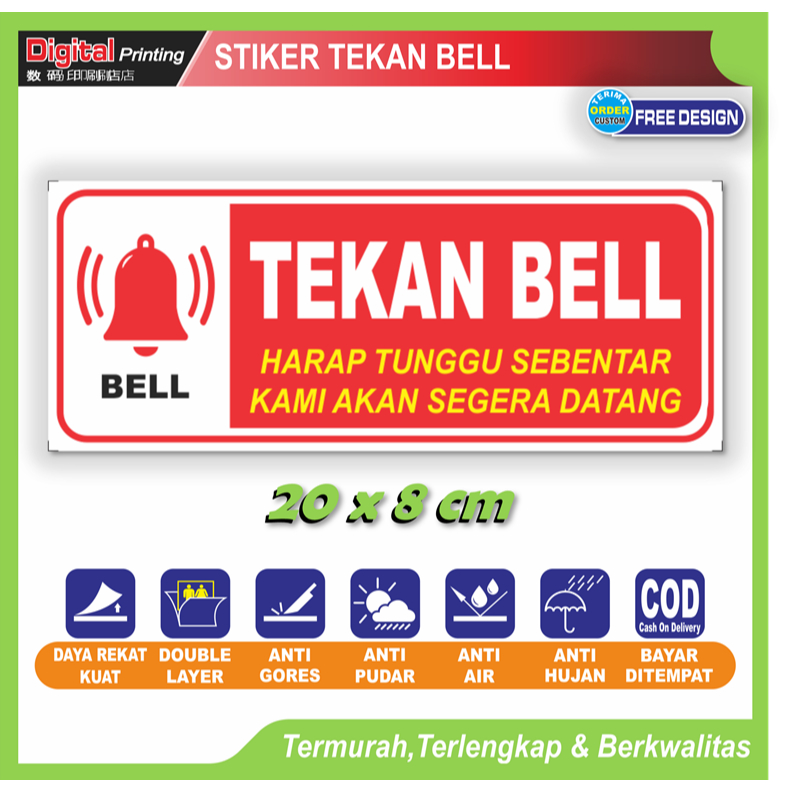 

Stiker besar tulisan tekan bell sticker tempelan letak dering bell kedatangan tamu rumah kantor toko
