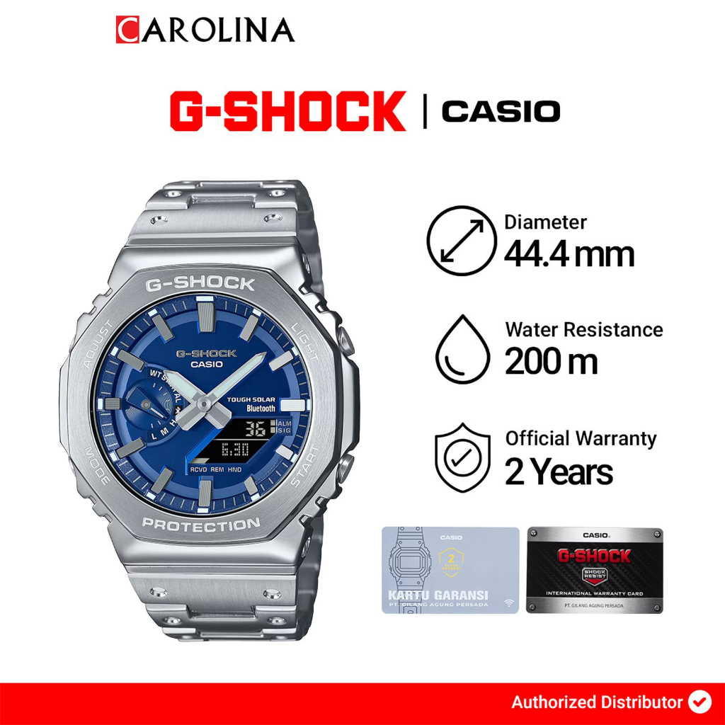Jam Tangan Pria Casio G-shock GM-B2100AD-2A Solar Powered Digital Analog Blue Dial Silver Stainless 