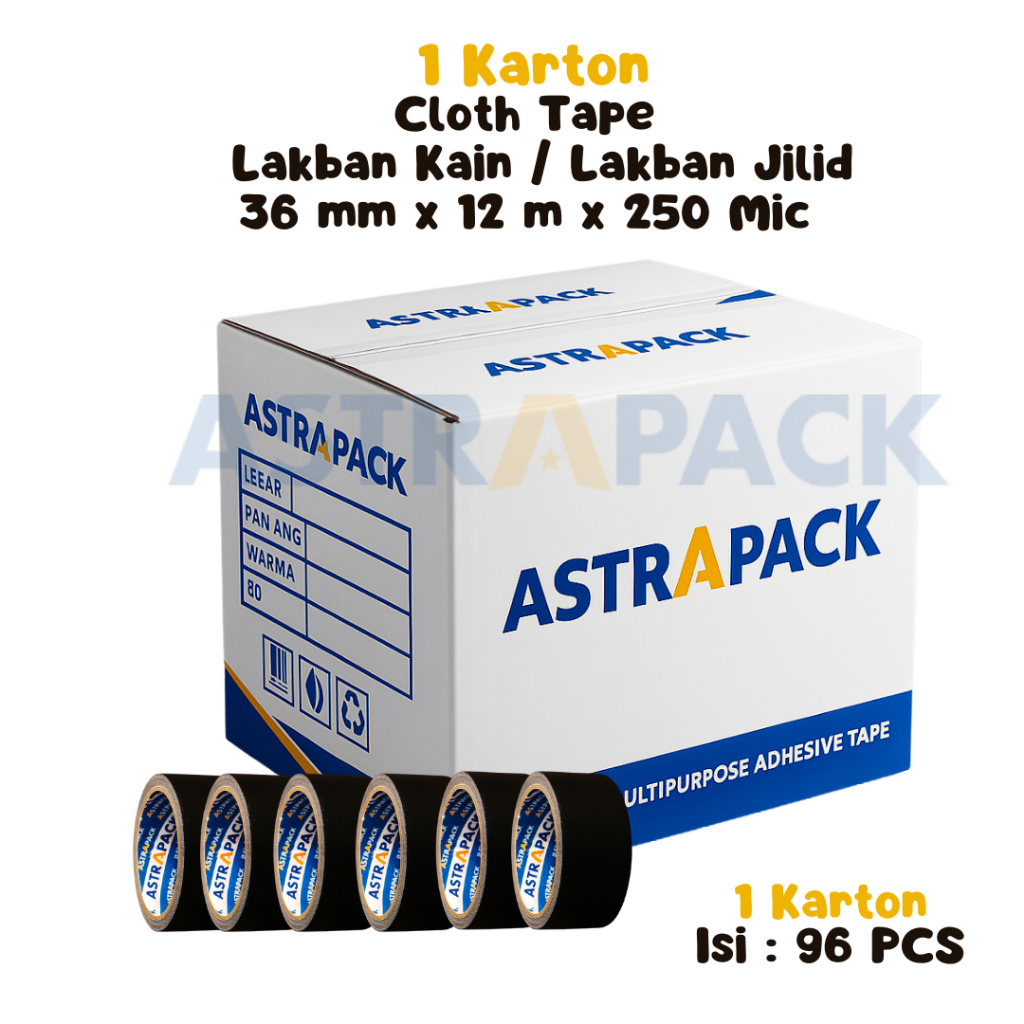 

Astrapack | 1 Dus Lakban Kain Jilid Hitam 36 mm x 11 meter | Cloth Tape | Tersedia Instant Grosir