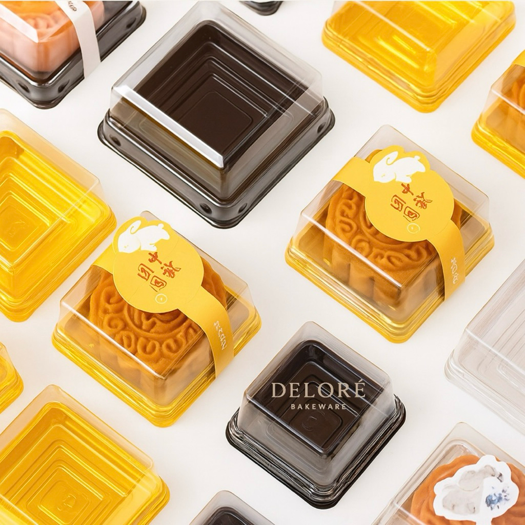DELORÉ 10pcs Cake Case Taro Mooncake dengan Tutup / Premium Tray Mika Gold / Mika Box Petak  Tutup K