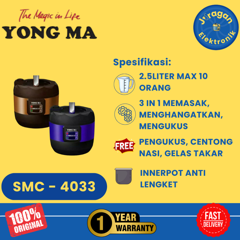 YONG MA Rice Cooker/Magic Com 3 In 1 Anti Lengket SMC-4033 Kapasitas 2.5 Liter