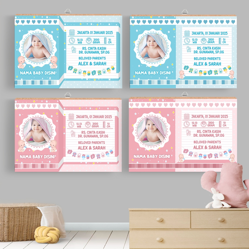 Biodata bayi hiasan dinding biodata tema biru pink biodata unik estetik modern bahan kayu mdf