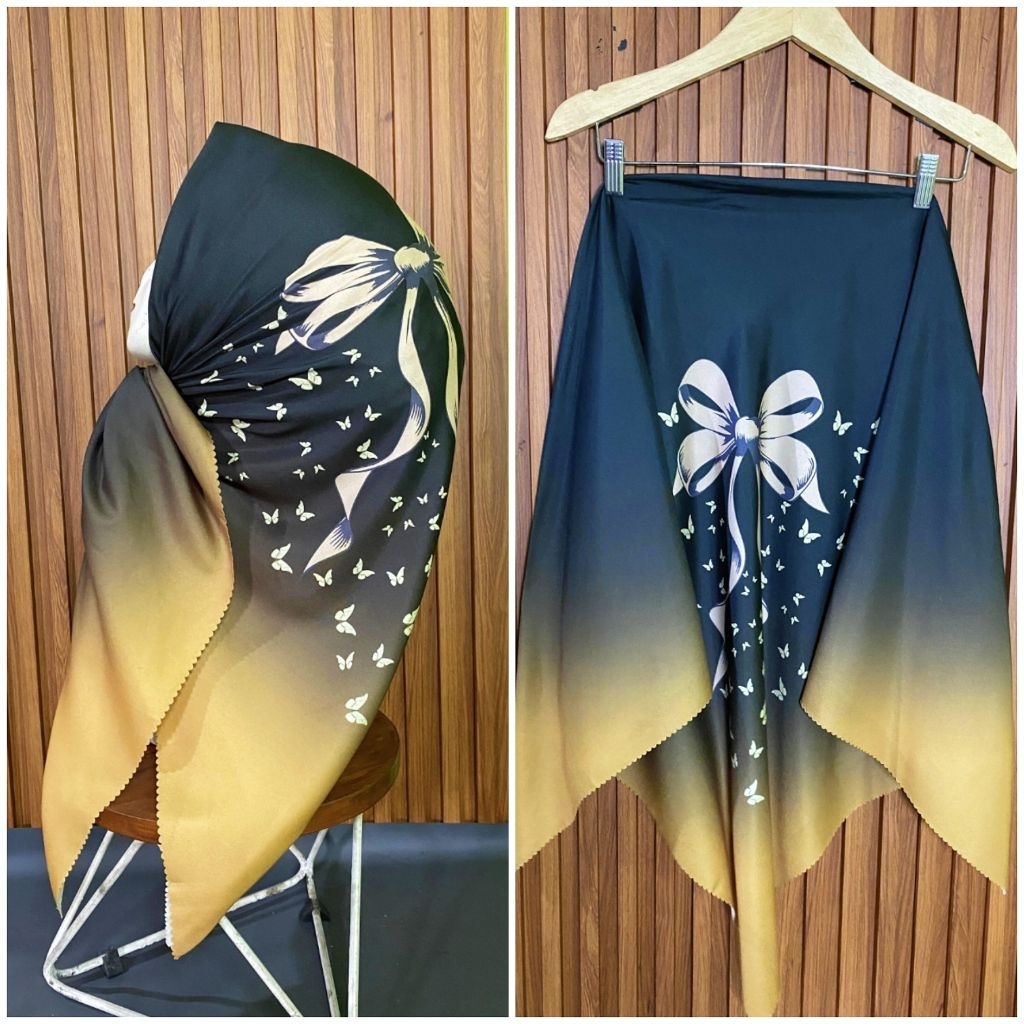 HIJAB SEGI EMPAT VOAL MOTIF SUBLIME KIDE 431 PITA HITAM KUNING KUPU KECIL