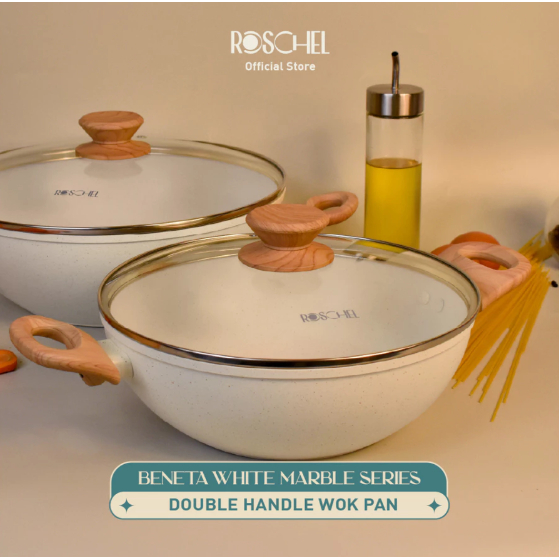 Roschel Beneta White Marble Coating Non-Stick Double Handle 20, 24 , 26 , 28, 32cm + Tutup Kaca