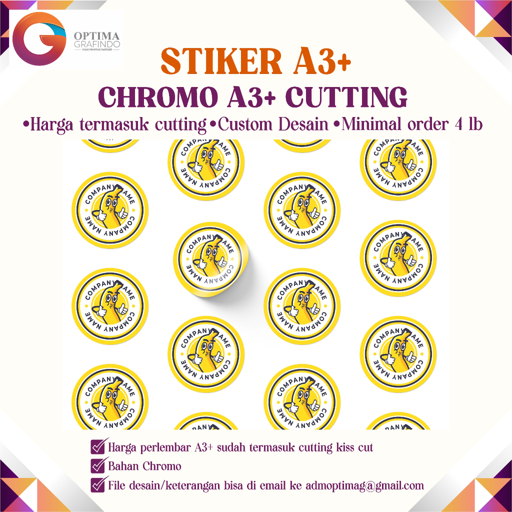 

Cetak Stiker Custom A3+ Cutting Stiker Chromo Kromo, Design bebas. Stiker label produk Stiker Makanan
