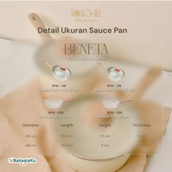 Roschel Beneta White Marble Coating Non-Stick Wok Pan 20, 24 , 26 , 28, 32 cm + Tutup Kaca