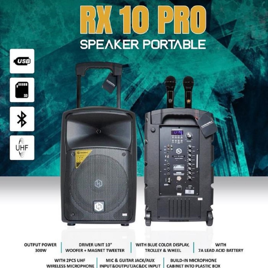 Hardwell RX 10 PRO Original Speaker Portabel 10" 300 Watt w/ 2 Mic Handheld